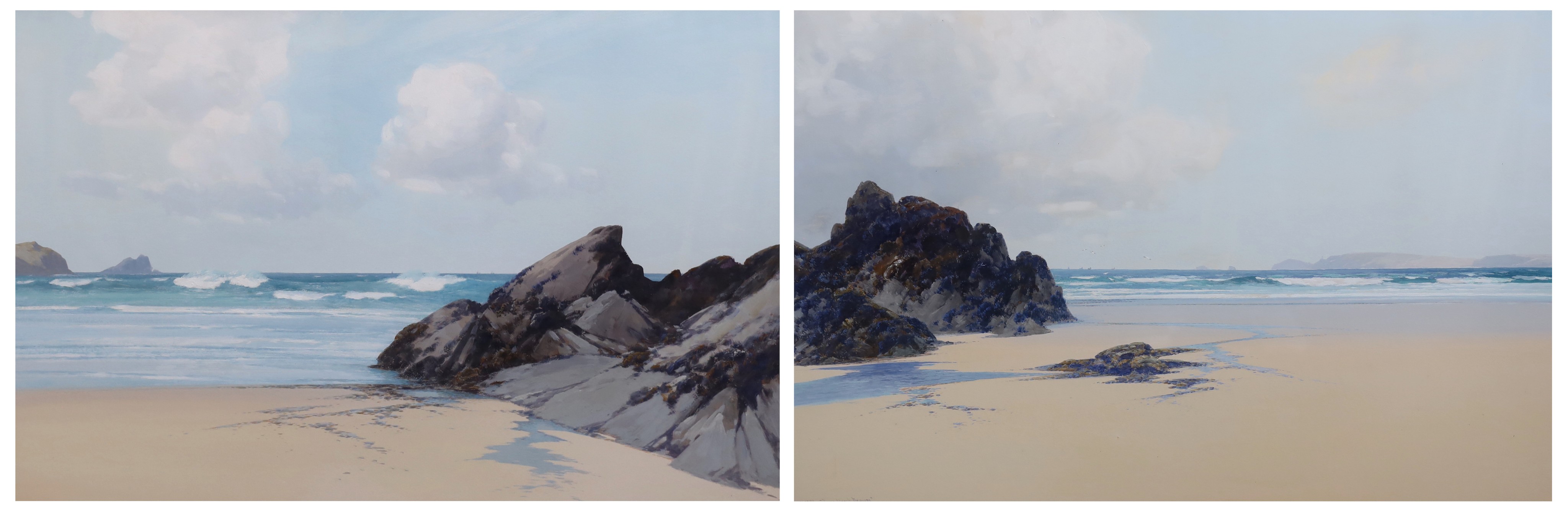 Frederick John Widgery (British, 1861-1942), 'Town Beach, Newquay' and 'Cornish beach scene', pair of gouaches on paper, 59 x 90cm